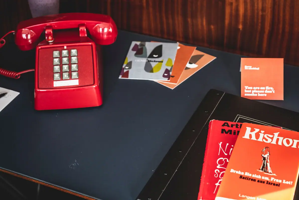 Red telephone on a table