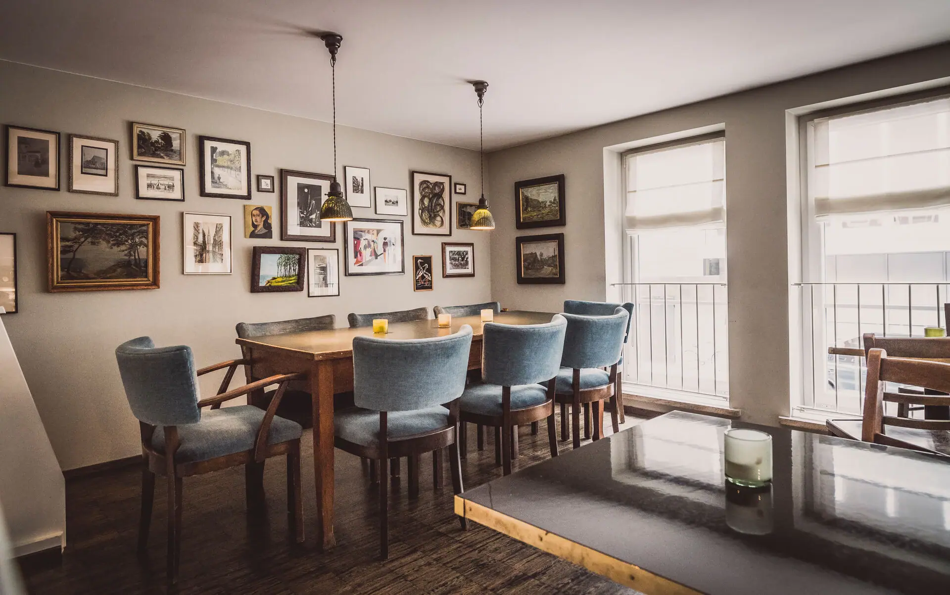 Dining area in the office kitchen Dining area with a table and chairs.