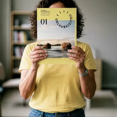 A woman is holding the *Urlaubszeiten* magazine in front of her face.