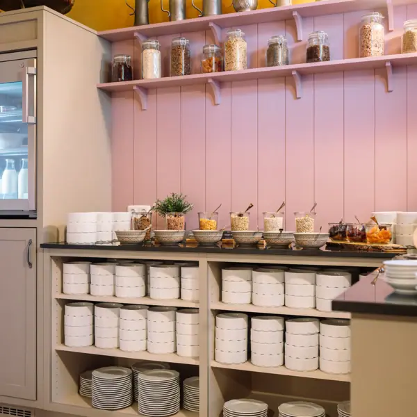 A shelf with food items on it.