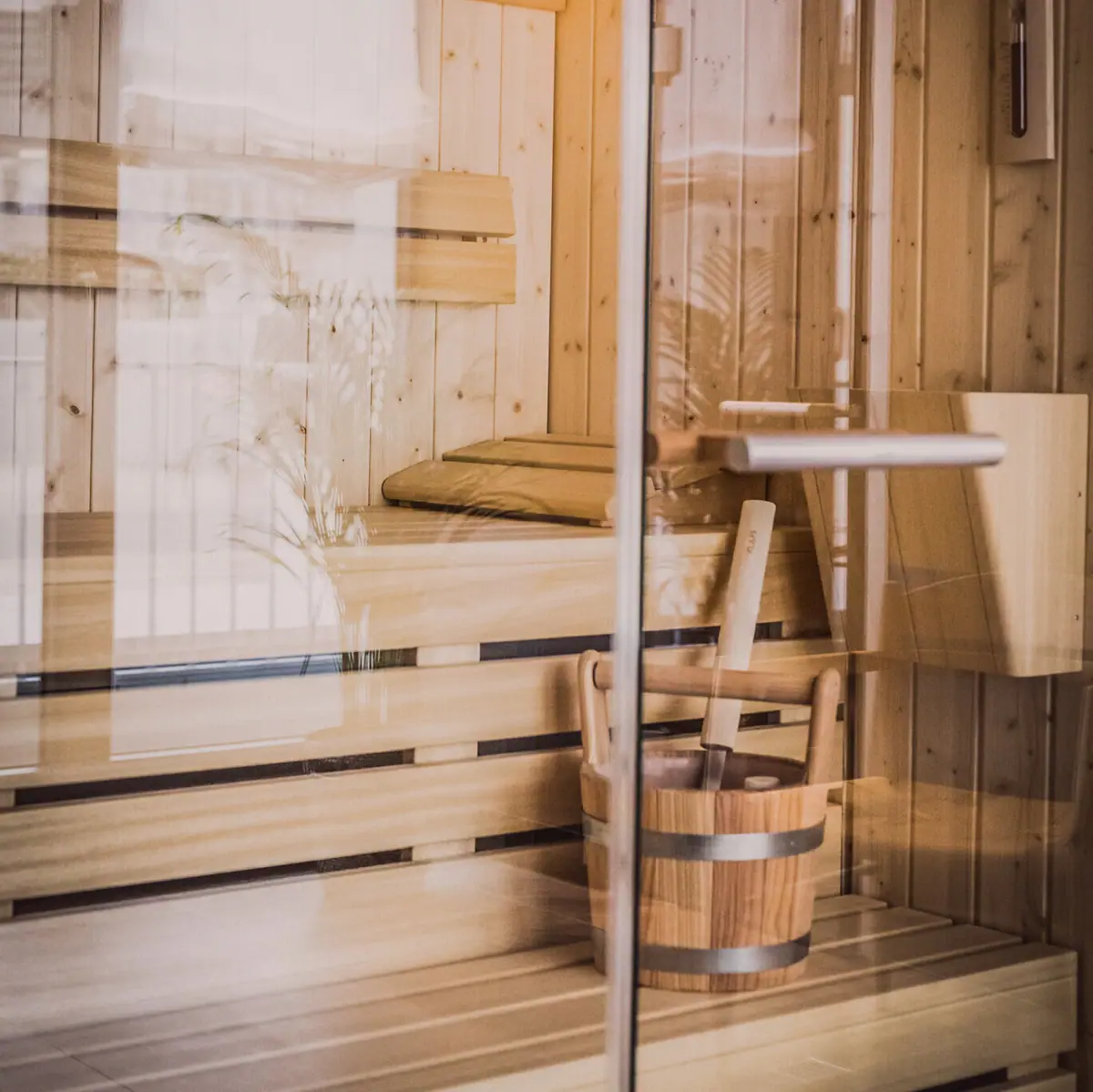 Wooden bucket in a sauna