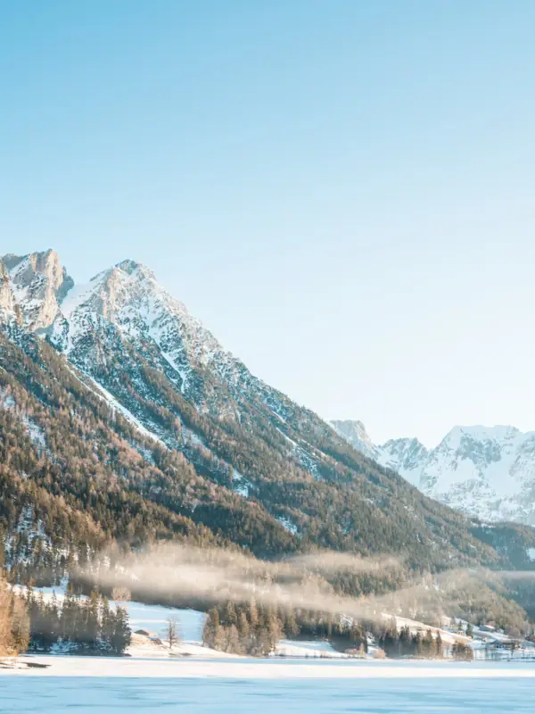 A snow-covered mountain with trees and a body of water in the foreground.