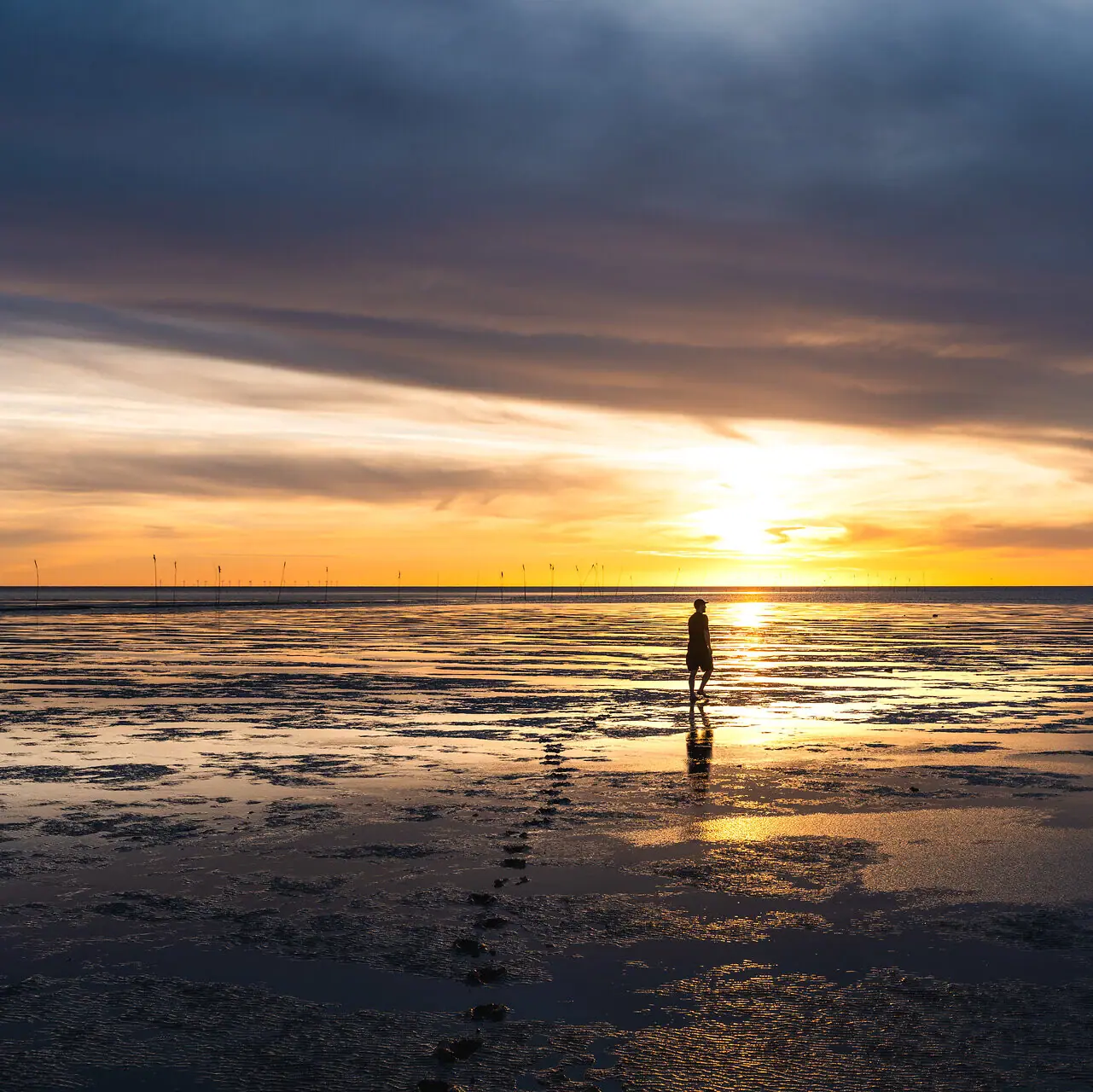 The Wadden Sea in Cuxhaven at sunset.