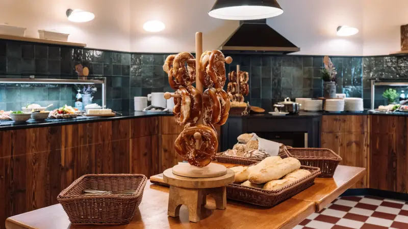 Pretzels on a table indoors.