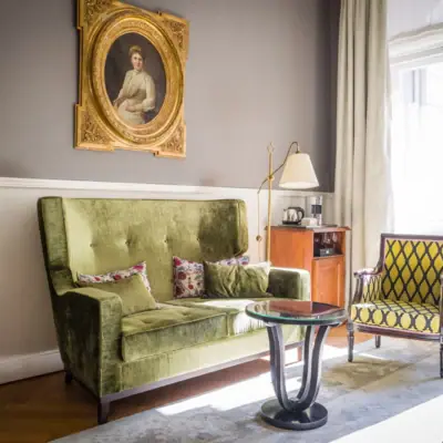 Living room with couch and coffee table.