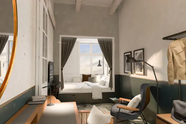 A rendering of a hotel room with a window and a bed.