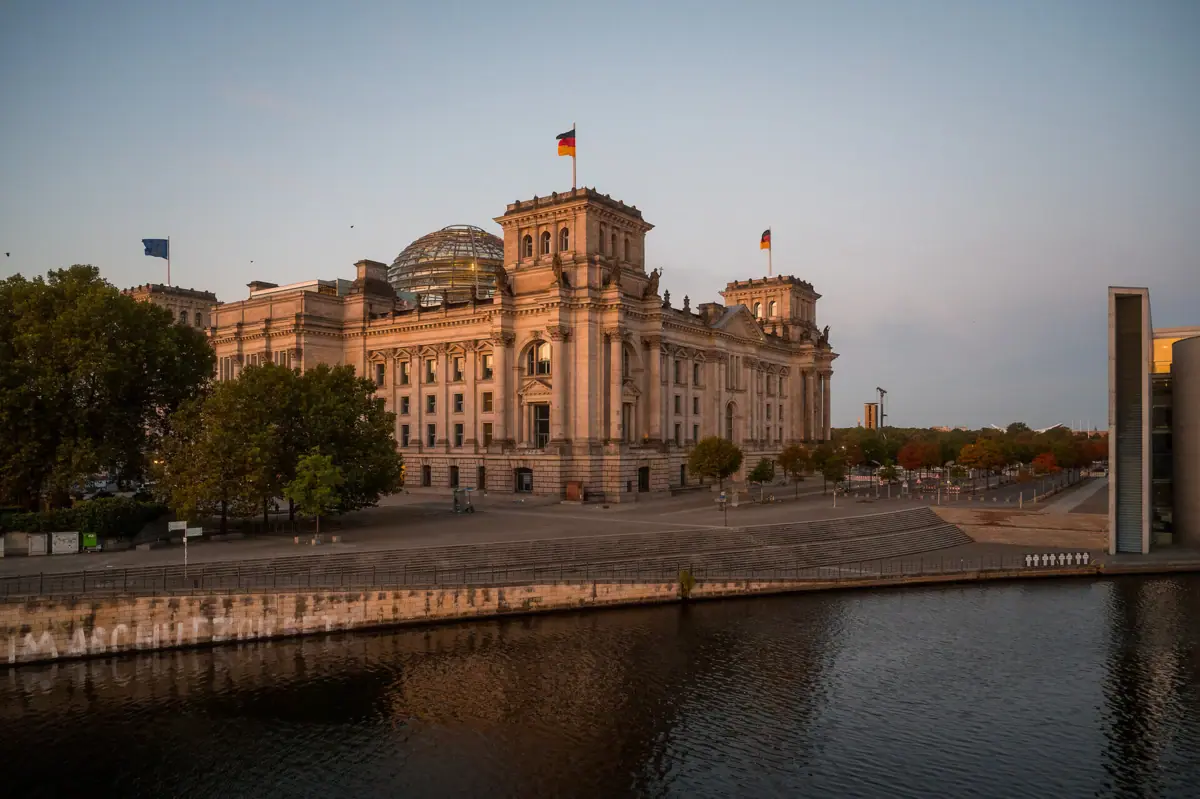 The Reichstag Building, Berlin The Reichstag building seen during a boat trip on the River Spree in Berlin.