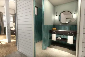 Bathroom with round mirror and washbasin