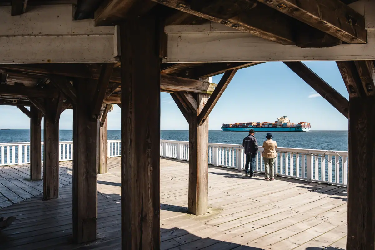 A group of people are standing on a jetty, looking at a large ship.