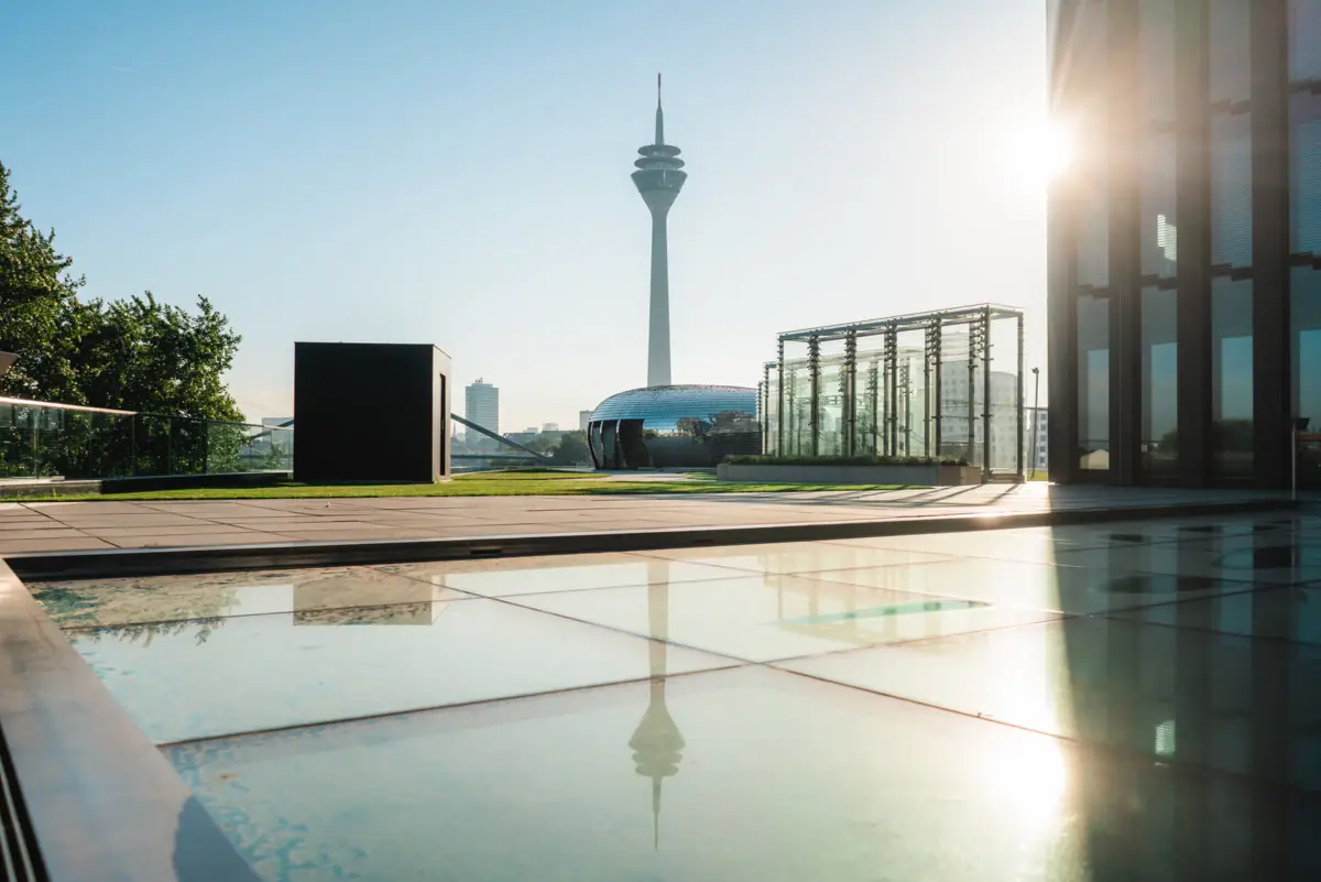 Glass floor with a tower in the background