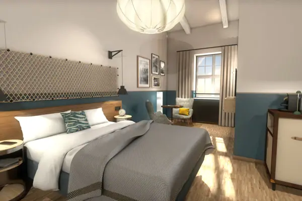 Bedroom with bed and chair, stylishly furnished.