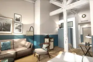 A room with a sofa and a lamp.