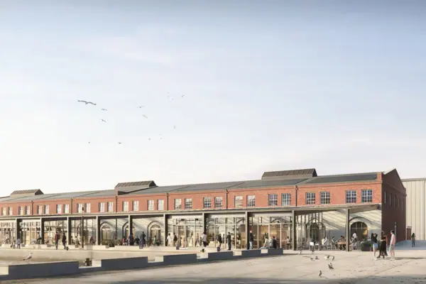 A building with people in the foreground.