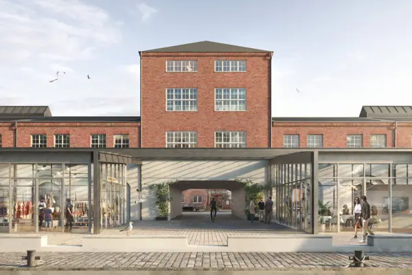 Building with glass doors and large windows.