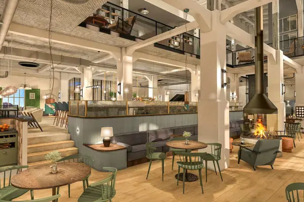 A room with tables and chairs.